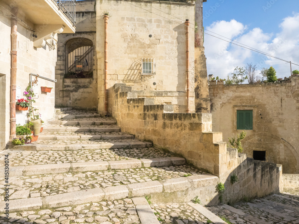 Cobblestone stairs in the old town of Matera.
