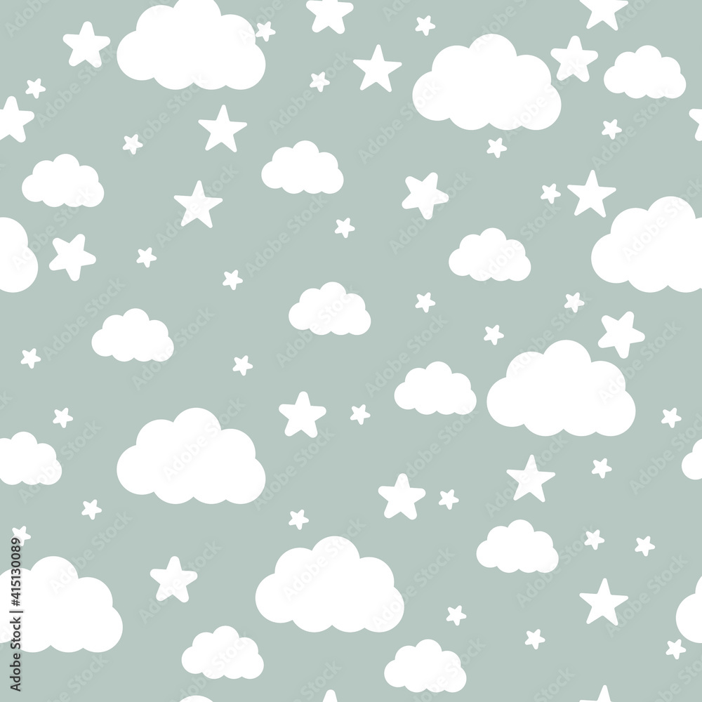 Flat vector pattern illustration of Seamless cute with white clouds and stars.cute clouds and stars on the gray background