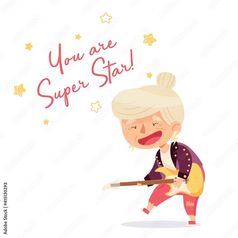 Grandmother like rock superstar with guitar. An active granny. . Funny characters isolate on white background. Vector illustration. Grandmother like rock superstar with guitar. An active granny. . Funny characters isolate on white background. Vector illustration.