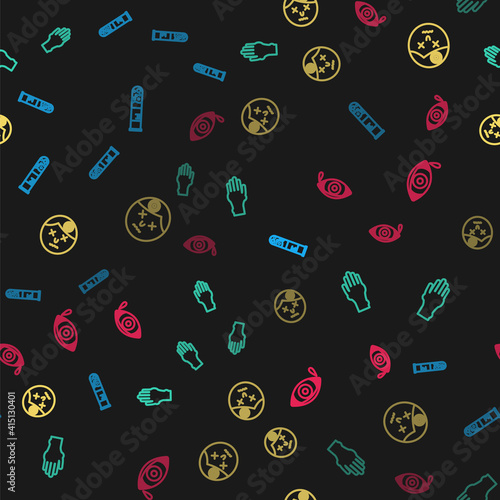 Set line Test tube and flask, Hand with psoriasis or eczema, Man having headache and Reddish eye allergic conjunctivitis on seamless pattern. Vector.