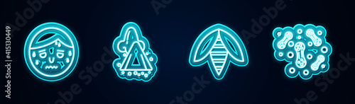 Set line Man with excessive sweating, Runny nose, Bee and Bacteria. Glowing neon icon. Vector.