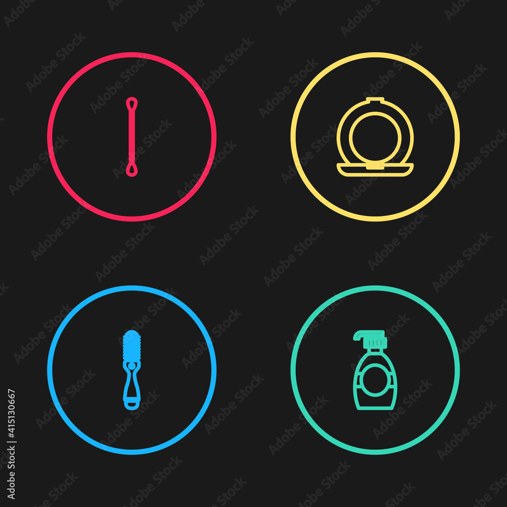 Set line Hairbrush, Bottle of liquid soap, Makeup powder with mirror and Cotton swab for ears icon. Vector. Set line Hairbrush, Bottle of liquid soap, Makeup powder with mirror and Cotton swab for ears icon. Vector.