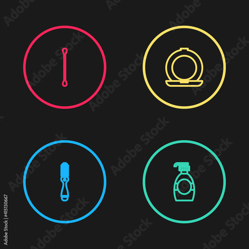 Set line Hairbrush, Bottle of liquid soap, Makeup powder with mirror and Cotton swab for ears icon. Vector.