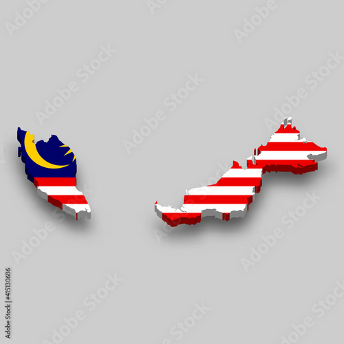 3d isometric Map of Malaysia with national flag.