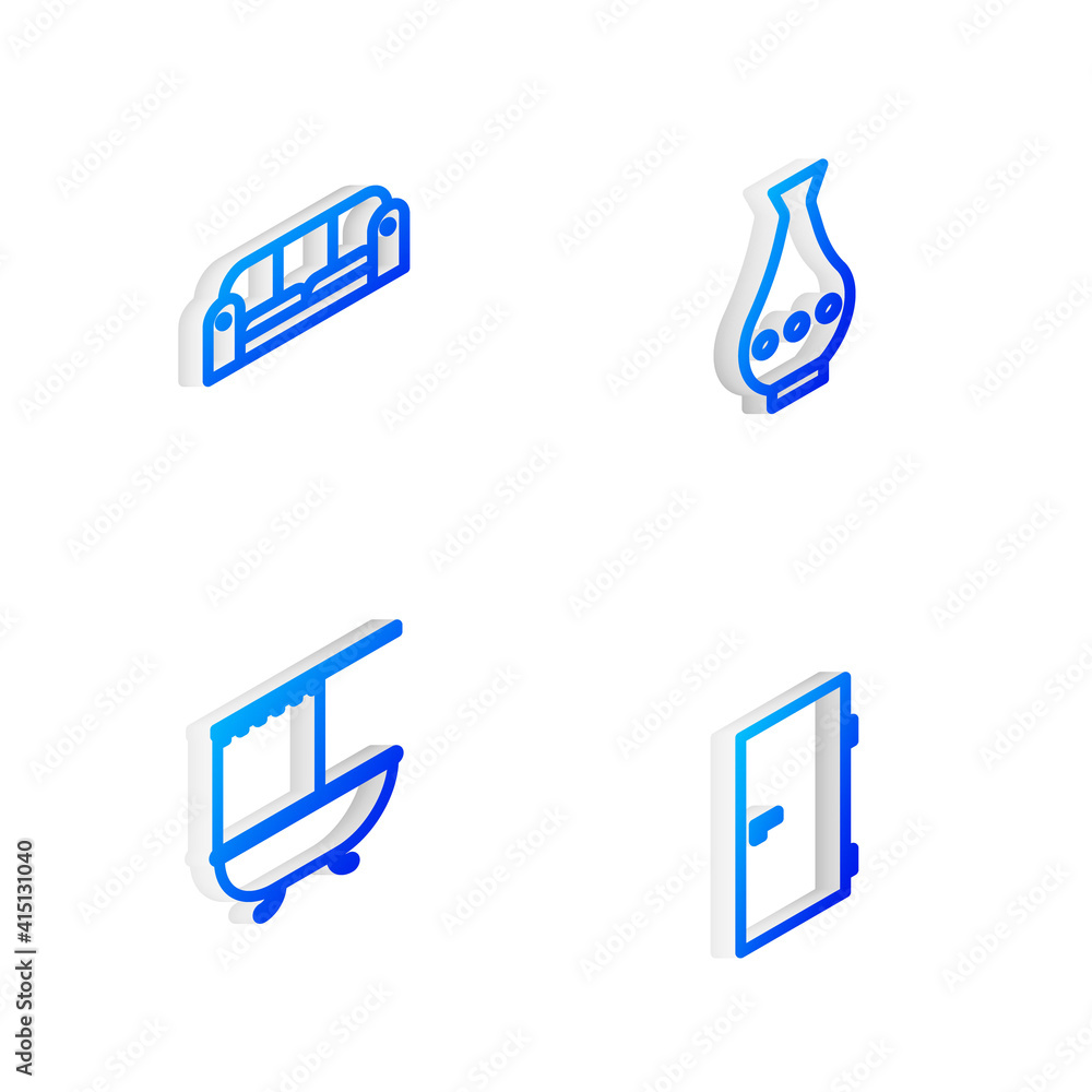 Set Isometric line Vase, Sofa, Bathtub with shower curtain and Closed door icon. Vector. Set Isometric line Vase, Sofa, Bathtub with shower curtain and Closed door icon. Vector.