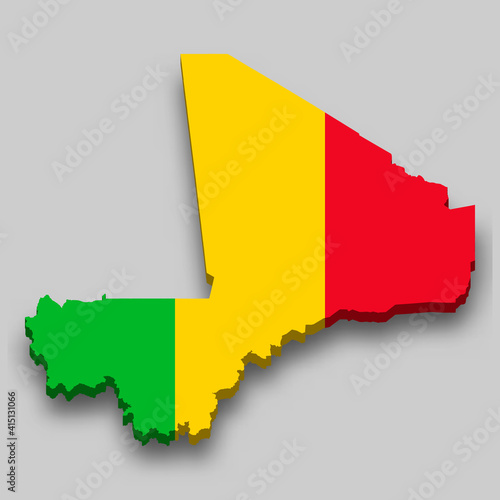 3d isometric Map of Mali with national flag.