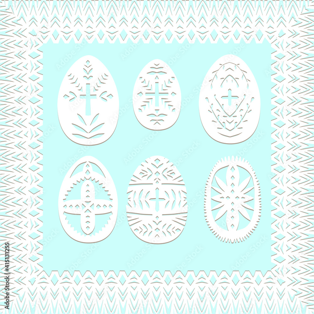 Set of paper cut festive symbols Holiday spring Easter signs egg in white colors isolated on blue background and lace frame Traditional Belarusian, Polish paper clippings Hand made Vector illustration Set of paper cut festive symbols Holiday spring Easter signs egg in white colors isolated on blue background and lace frame Traditional Belarusian, Polish paper clippings Hand made Vector illustration