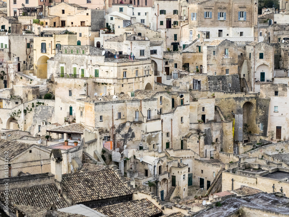 Historic cave dwellings, called Sassi houses, in the village of Matera.