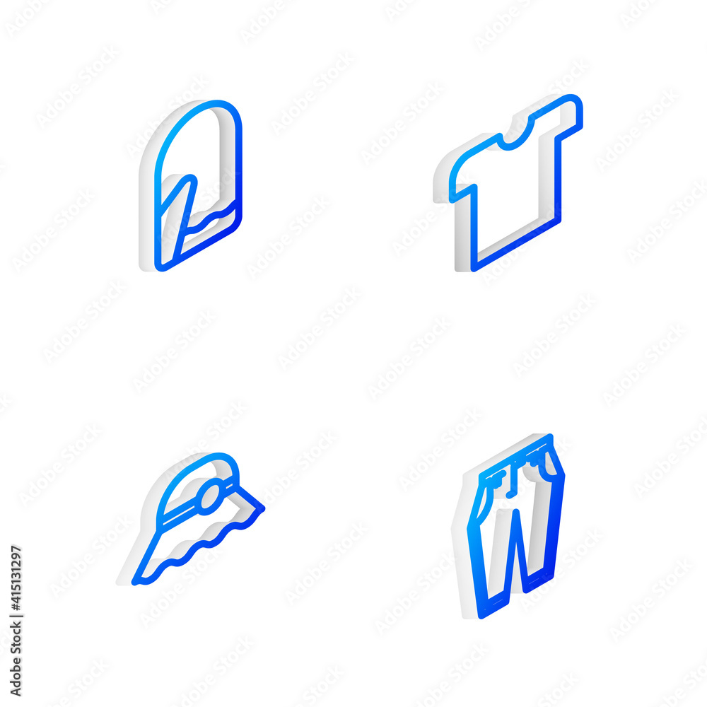 Set Isometric line T-shirt, Christmas mitten, Elegant women hat and Pants icon. Vector. Set Isometric line T-shirt, Christmas mitten, Elegant women hat and Pants icon. Vector.
