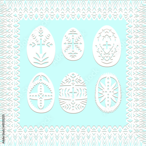 Set of paper cut festive symbols Holiday spring Easter signs egg in white colors isolated on blue background and lace frame Traditional Belarusian, Polish paper clippings Hand made Vector illustration photo