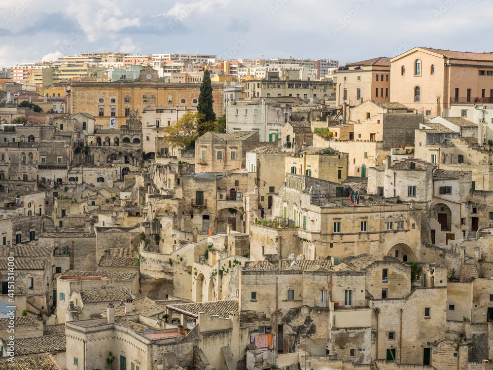 Historic cave dwellings, called Sassi houses, in the village of Matera.
