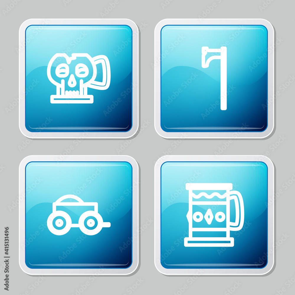 Set line Cup from the skull, Medieval axe, Wooden four-wheel cart and mug icon. Vector. Set line Cup from the skull, Medieval axe, Wooden four-wheel cart and mug icon. Vector.