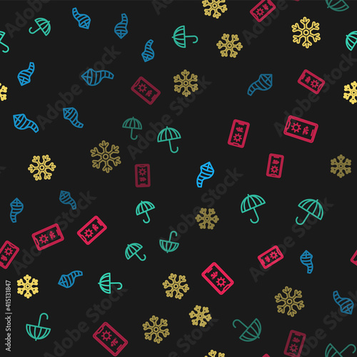 Set line Cone meteorology windsock wind vane, Umbrella, Snowflake and Weather forecast on seamless pattern. Vector.