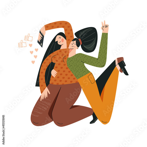 Blogger girl concept flat vector cartoon illustration. Live streaming, broadcast, social networks. Trendy young female character with smartphone. Funny cheerful lady