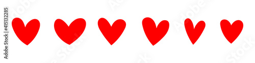Set of red hand drawn hearts. Handdrawn rough heart marker isolated on white background. Vector illustration