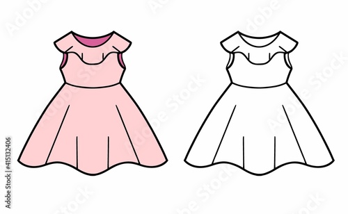 Vector element of coloring book for chidlren. Isolated outline cartoon pink dress on the white background.