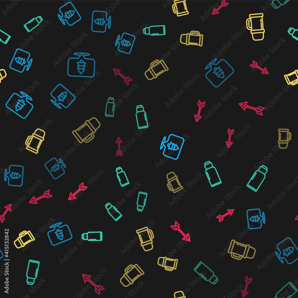 Set line Location of the forest, Canteen water bottle, Thermos container and Hipster arrow on seamless pattern. Vector. Set line Location of the forest, Canteen water bottle, Thermos container and Hipster arrow on seamless pattern. Vector.