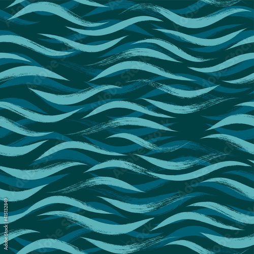 Seamless Wave Pattern, Hand drawn water sea modern vector background. Wavy beach brush stroke, curly grunge paint lines, watercolor illustration