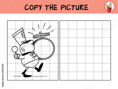 Marching band drummer. Copy the picture. Coloring book. Educational game for children. Cartoon vector illustration