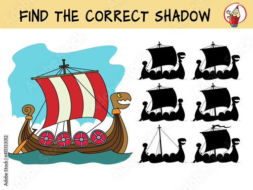 Viking ship. Find the correct shadow. Educational matching game for children. Cartoon vector illustration