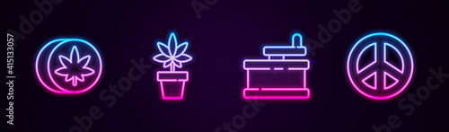 Set line Herbal ecstasy tablets, Marijuana or cannabis plant, Manual grinder and Peace. Glowing neon icon. Vector.