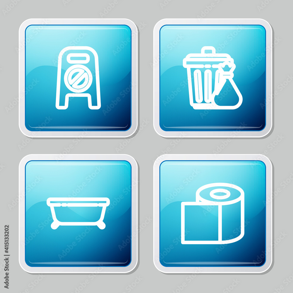 Set line Wet floor and cleaning in progress, Trash can garbage bag, Bathtub and Toilet paper roll icon. Vector. Set line Wet floor and cleaning in progress, Trash can garbage bag, Bathtub and Toilet paper roll icon. Vector.