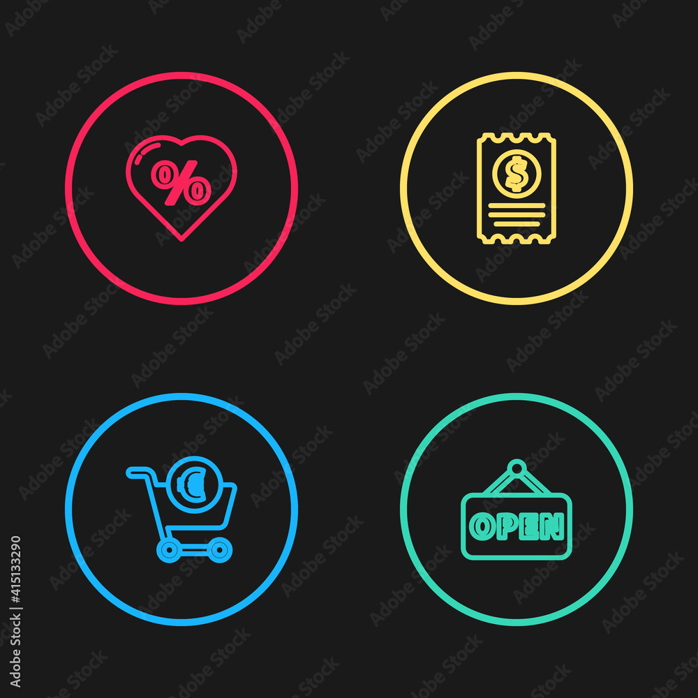 Set line Shopping cart and euro, Hanging sign with Open, Paper check financial check and Discount percent tag heart icon. Vector. Set line Shopping cart and euro, Hanging sign with Open, Paper check financial check and Discount percent tag heart icon. Vector.