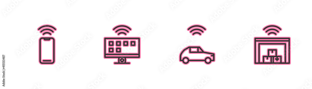 Set line Wireless smartphone, Smart car system with wireless, Tv and warehouse icon. Vector. Set line Wireless smartphone, Smart car system with wireless, Tv and warehouse icon. Vector.