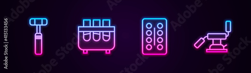 Set line Neurology reflex hammer, Test tube and flask, Pills in blister pack and Medical dental chair. Glowing neon icon. Vector.