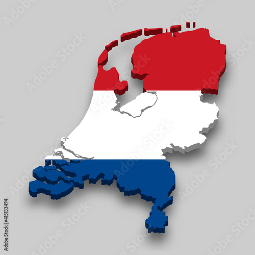 3d isometric Map of Netherlands with national flag.