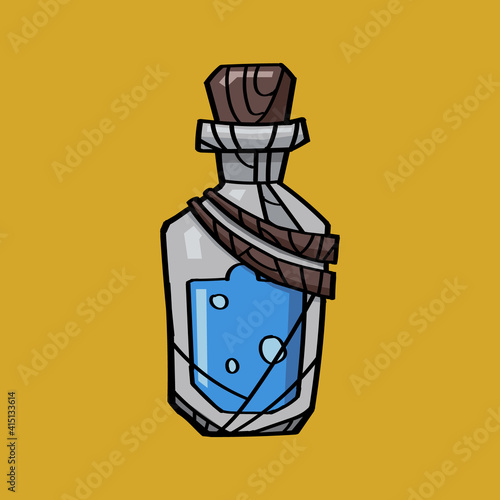 Bottle of blue magic potion in a cartoon style