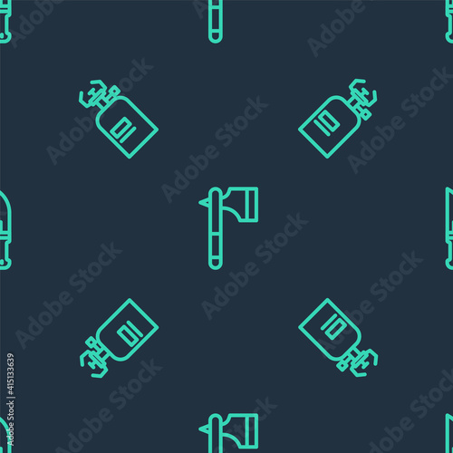 Set line Wooden axe, Camping gas stove and Hunter knife on seamless pattern. Vector.