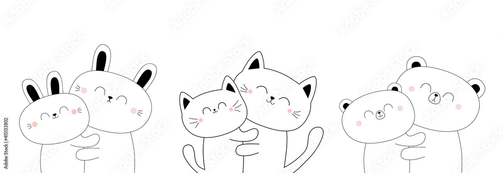 Obraz premium Grizzly bear bunny rabbit cat kitten kitty hugging couple family set. Hug, embrace, cuddle. Cute kawaii funny cartoon character. Happy Valentines day. Baby pet background. Flat design.