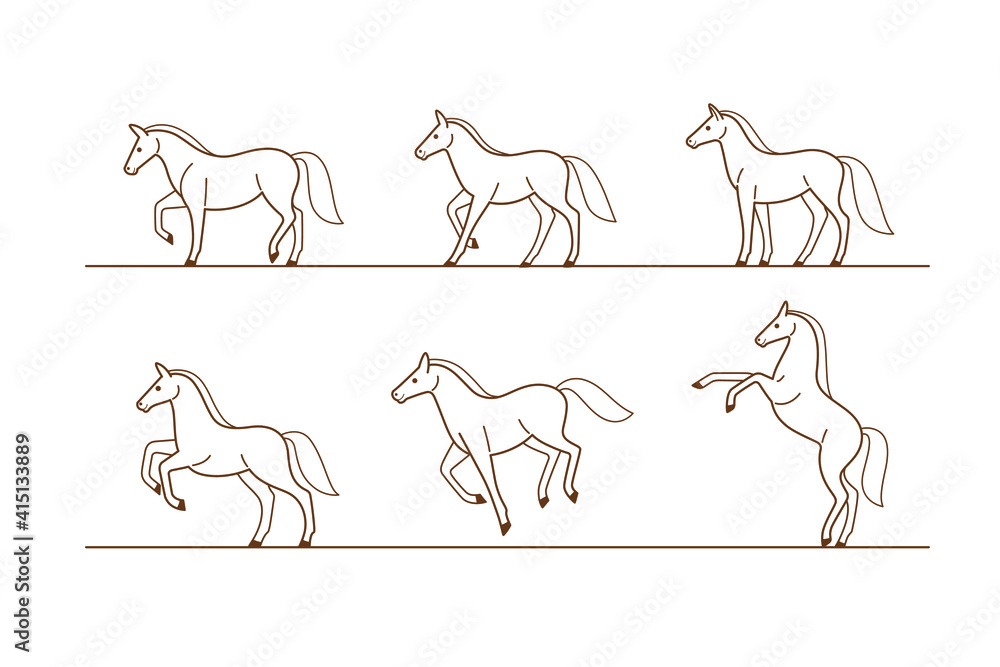 Horse. Animal in various poses. Contour vector illustration for emblem, badge, insignia, postcard.