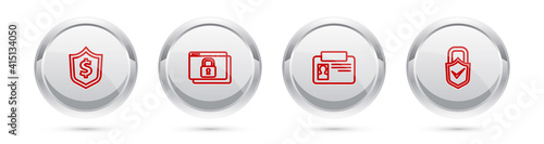 Set line Shield with dollar, Secure your site HTTPS, SSL, Identification badge and Lock and check mark. Silver circle button. Vector.