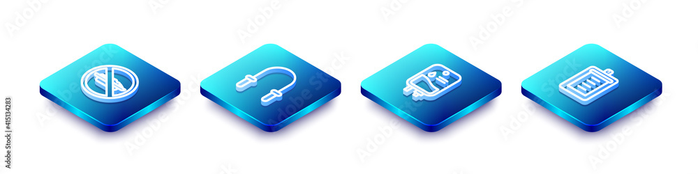 Set Isometric line Food no diet, Jump rope, IV bag and Clipboard with checklist icon. Vector. Set Isometric line Food no diet, Jump rope, IV bag and Clipboard with checklist icon. Vector.