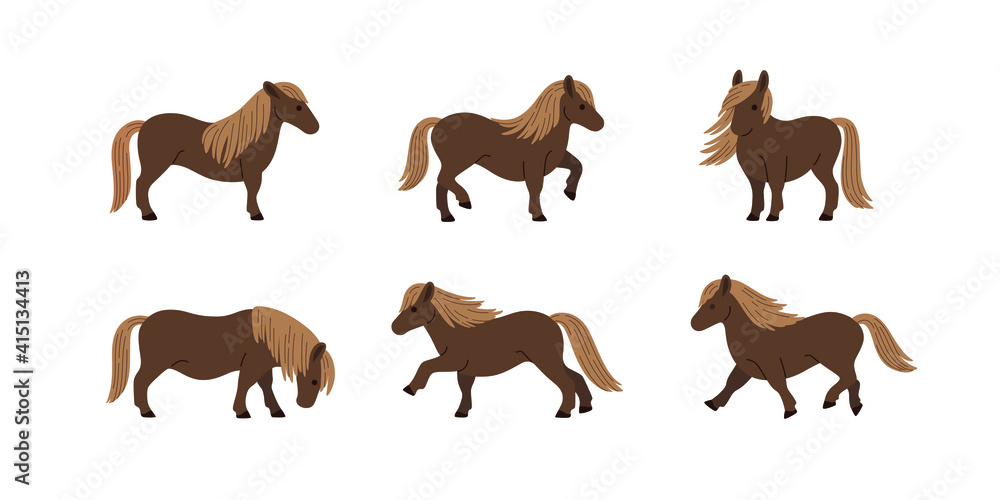Fototapeta premium Illustration of pony in various poses. Vector drawing.