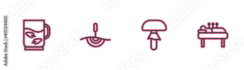 Set line Cup of tea and leaf, Mushroom, Acupuncture therapy and icon. Vector.