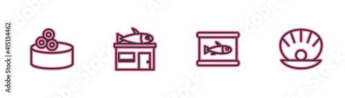 Set line Tin can with caviar, Canned fish, Seafood store and Shell pearl icon. Vector.