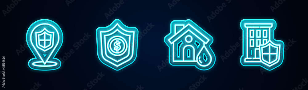Set line Location shield, Shield with dollar, House flood and . Glowing neon icon. Vector. Set line Location shield, Shield with dollar, House flood and . Glowing neon icon. Vector.