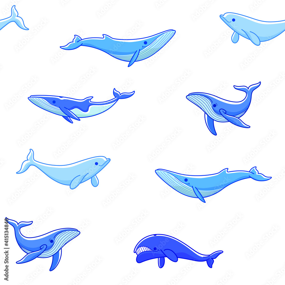 Fototapeta premium Simple seamless trendy pattern with different types of whales. Flat design print on white background.