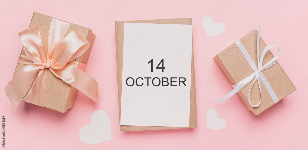 Gifts with note letter on isolated pink background, love and valentine concept with text 14 October