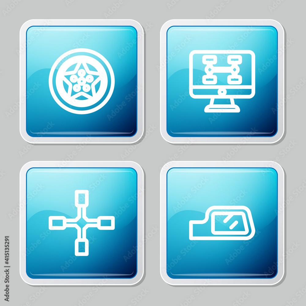 Set line Car wheel, Diagnostics condition of car, Wheel wrench and mirror icon. Vector. Set line Car wheel, Diagnostics condition of car, Wheel wrench and mirror icon. Vector.