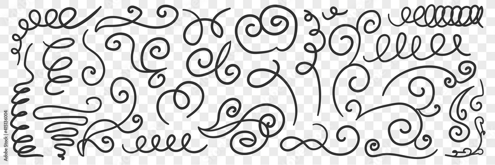 Ornate florid scribbles lines doodle set. Collection of hand drawn scribbles of various patterns waving lines geometrical shapes isolated on transparent background Ornate florid scribbles lines doodle set. Collection of hand drawn scribbles of various patterns waving lines geometrical shapes isolated on transparent background
