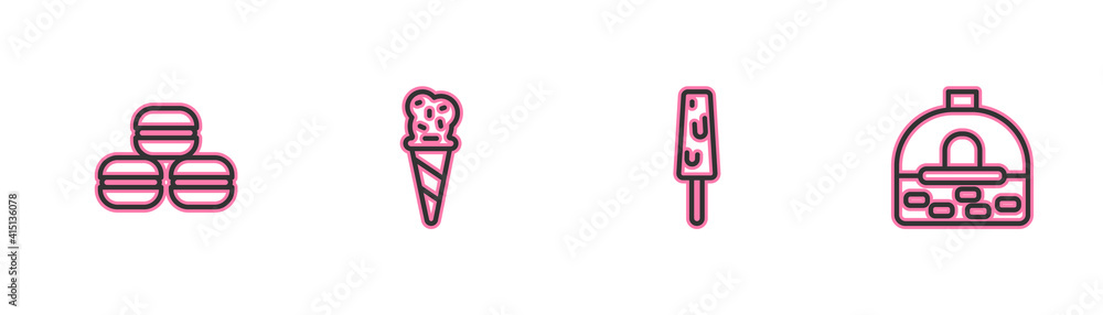 Set line Macaron cookie, Ice cream, in waffle cone and Brick stove icon. Vector. Set line Macaron cookie, Ice cream, in waffle cone and Brick stove icon. Vector.