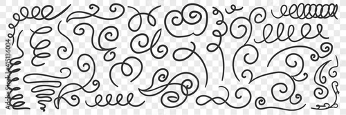 Ornate florid scribbles lines doodle set. Collection of hand drawn scribbles of various patterns waving lines geometrical shapes isolated on transparent background