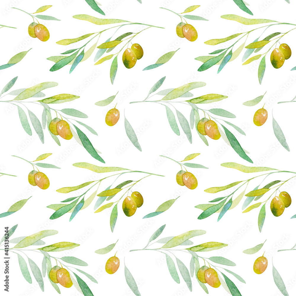 Obraz premium Watercolor seamless pattern. Olives branch on white background. Watercolor olive tree for background, texture, wrapper pattern, for your unique design.