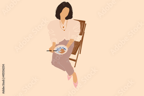 French style elegant woman siting on a chair and eating granola with blueberry. Flat style in pastel tones. Vector illustration