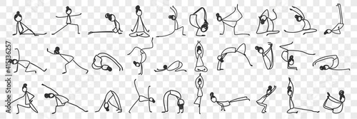 Practicing yoga and pilates doodle set. Collection of hand drawn female silhouettes making asanas practicing gymnastics yoga meditation and plates isolated on transparent background