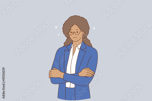 Successful businesswoman concept. Portrait of smiling young african american business woman worker in blue suit and glasses standing with hands crossed looking at camera illustration